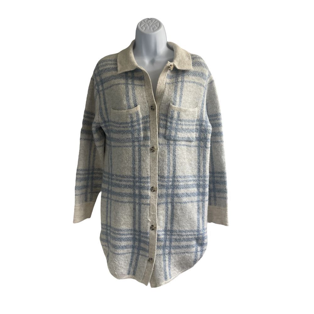 Jessica Simpson Plaid Shacket Button Down Oversized Shirt Jacket Cream Blue M